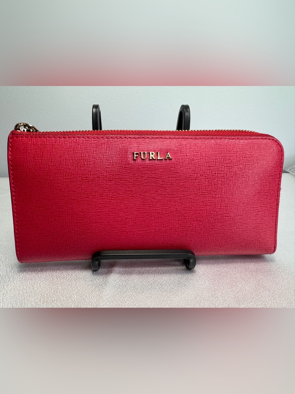 Furla Raspberry Zip-Around Saffiano Leather Wallet with Gold Logo